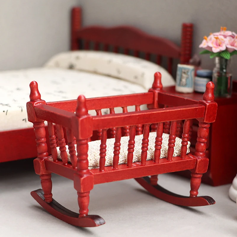 Casa de muñecas en miniatura 1:12, cama de bebé, Mini cuna, modelo de cuna de madera, muebles de dormitorio, accesorios de decoración de casa de muñecas