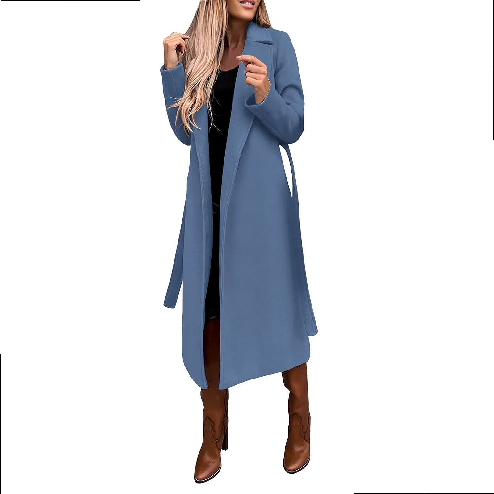 Elegant Trench Coat Long Sleeve Notch Lapel Wrap Belted Wool Blend Overcoat Women Spring Summer