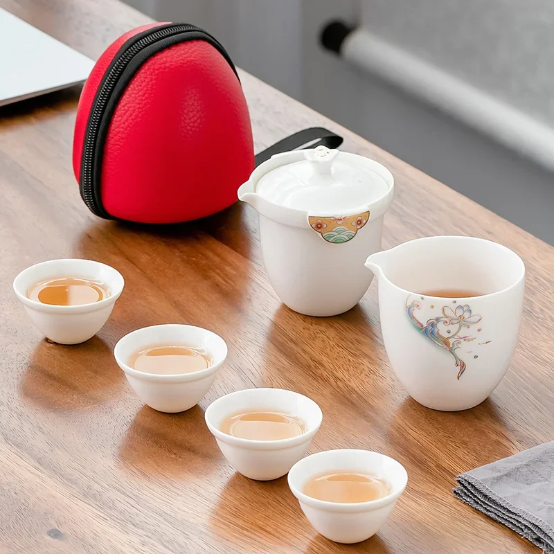 

Travel Tea Set One Pot Four Cups White Porcelain Utensils Ceramics Kung Fu Portable Storage Bag and Cup