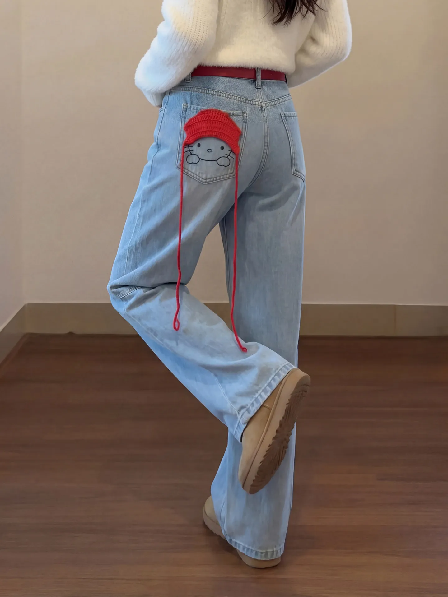 Y2K Little Red Riding Hood Jeans Women American Style Spring Design Wide Leg High Waist Loose Fit Slimming Floor Length Pants