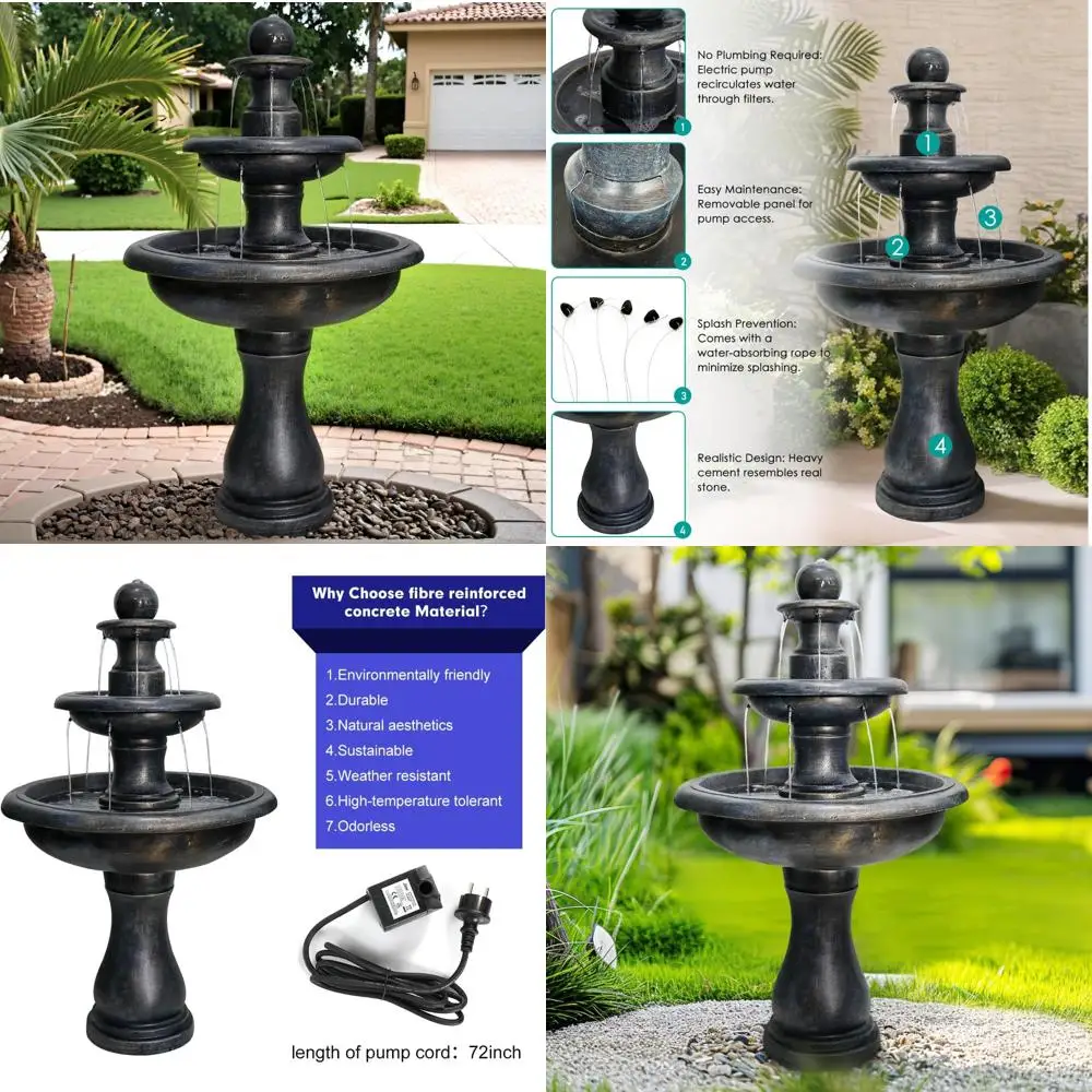 

"Modern 3-Tier Concrete Outdoor Water Fountain - Large Round Fountains for Garden and Patio"