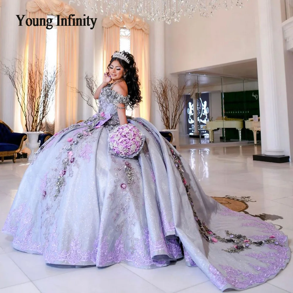 Luxury Silver Quinceanera Dresses 2024 Crystal Sequined Ball Gown Off The Shoulder Purple Applique Lace Corset Vestidos Para XV