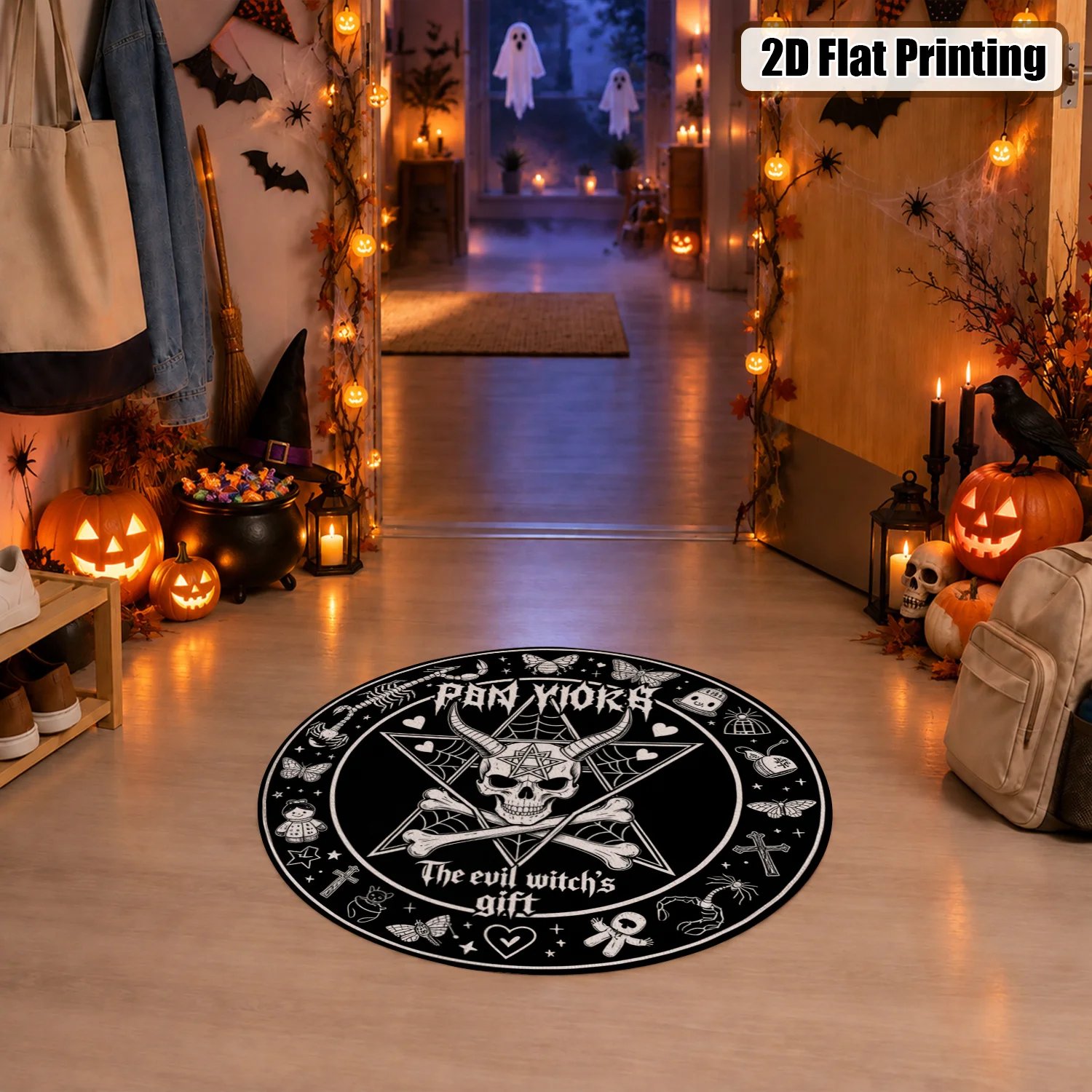 Gothic Occult Skull Pentagram Witch Design Round Velvet Rug Machine Washable for Living Room Bedroom Entryway Decor Ideal for Halloween Thanksgiving Black Friday Christmas New Year
