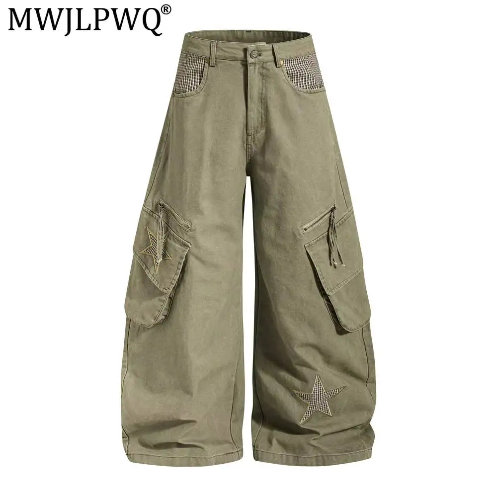 MWJLPWQ Men's Trendy Wide-Leg Pants Unique Design Plaid Pattern Five-Pointed Star Curved Loose Fit Large Pockets Trousers 20257