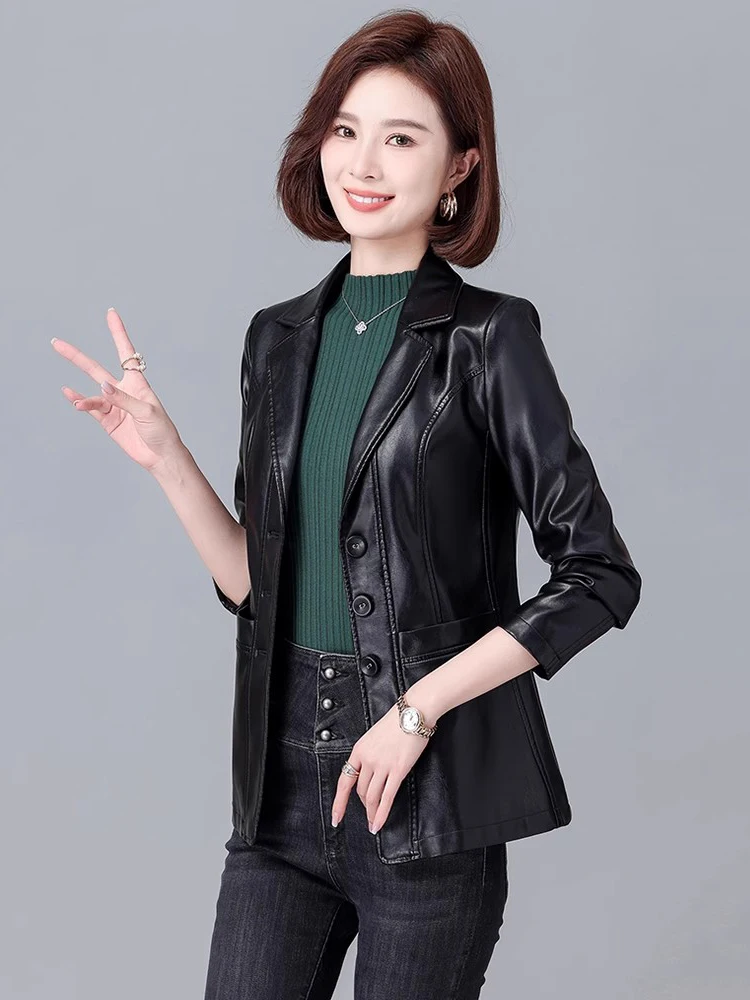 New Women Leather Blazer Spring Autumn Fashion Suit Collar Single Breasted Slim Leather Jacket Split Leather Long Sleeve Coat