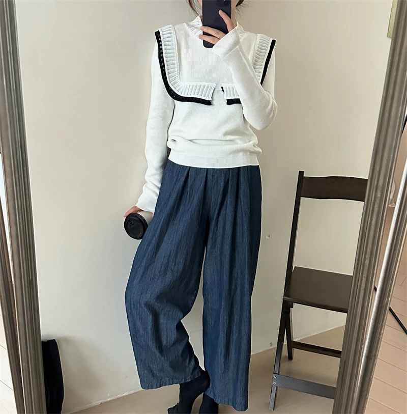 Pull pulls femmes col rond manches évasées légèrement extensible coréen bureau dame printemps et automne décontracté quotidien femme tricoté hauts