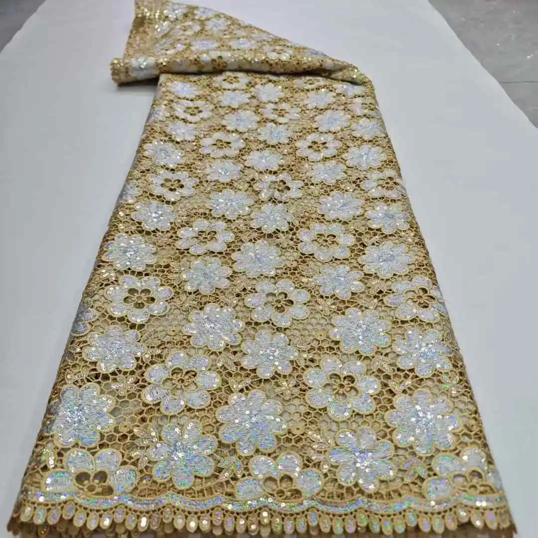 2025 Высокое качество, 5 ярдов, водорастворимая африканская кружевная ткань с блестками, шнур из гипюровой кружевной ткани, свадебные платья для свадьбы