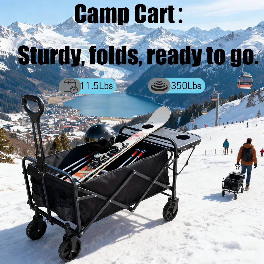 

Складная тележка для кемпинга на открытом воздухе с столешницей и телескопической ручкой, съемными колесами, идеально подходящая для пляжа, газона, спорта и