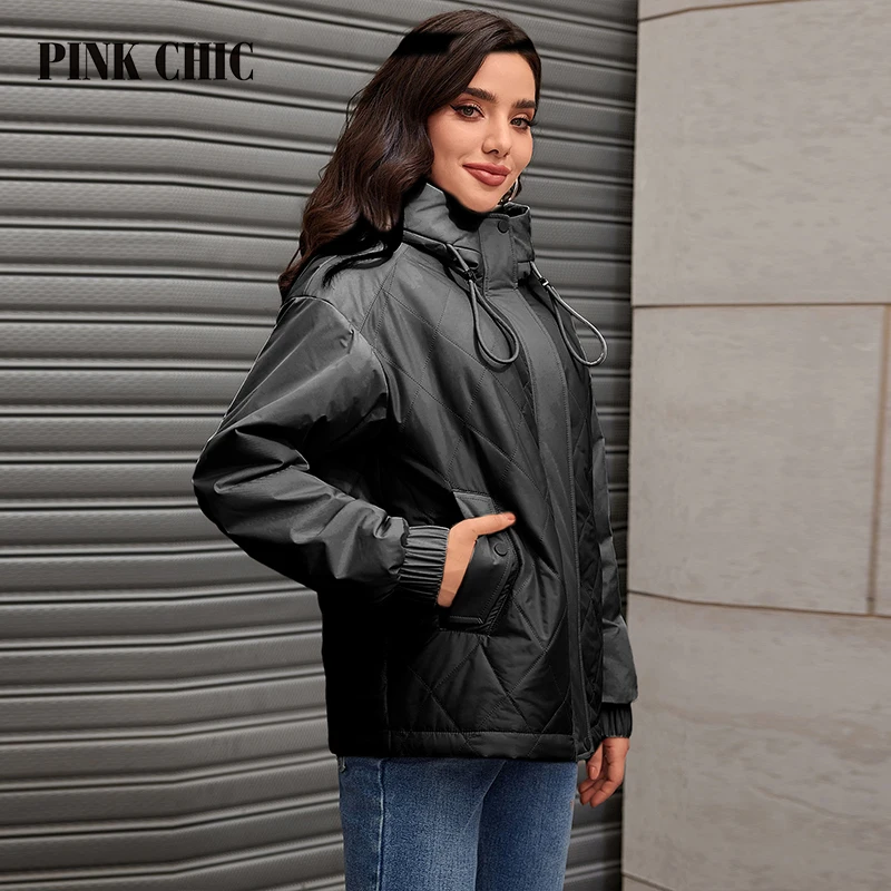 PINK CHIC Spring 2024 Women\'s Parka Jacket Loose Track Women\'s Jacket Fashion Jacket Quilted Thin Cotton S3056