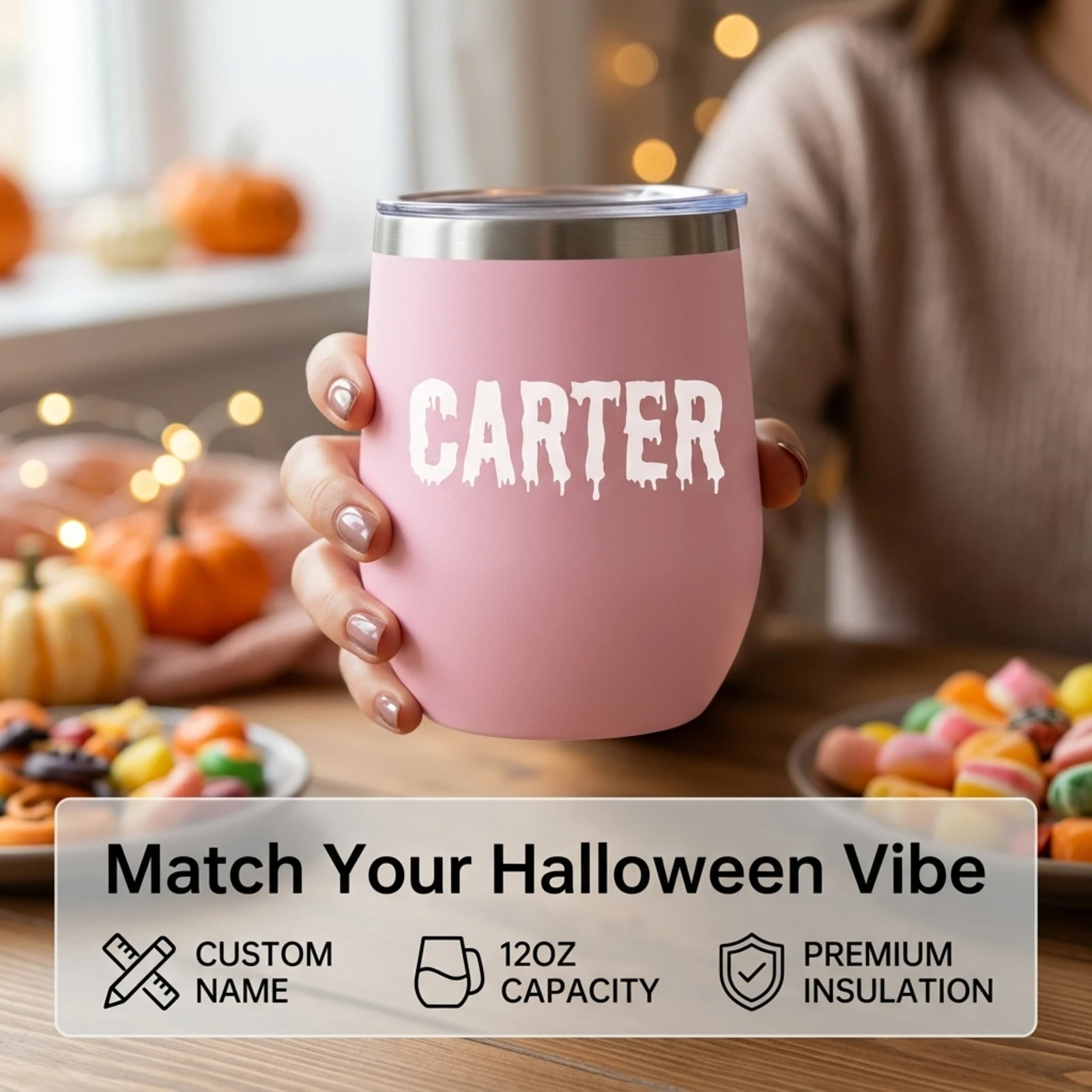 Personalized Name Stainless Steel Wine Tumbler Custom Gothic Drip Font Cup Travel Mug Halloween Gift For Men Women.