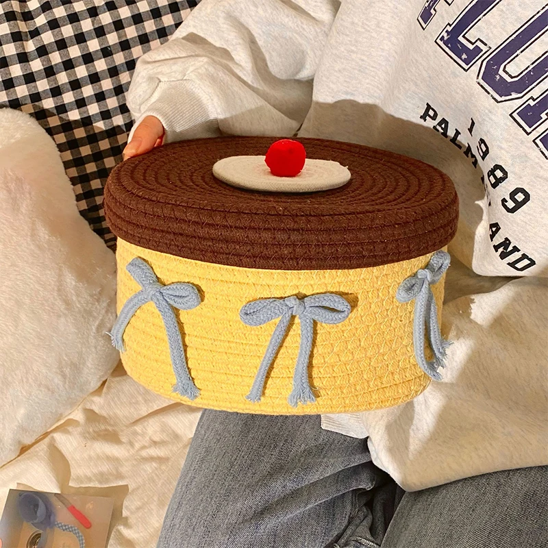 

Cartoon Cake Shape Cotton Rope Woven Storage Basket With Lid Large Capacity Cute Bedroom Storage Toy Baskets Dustproof Storages