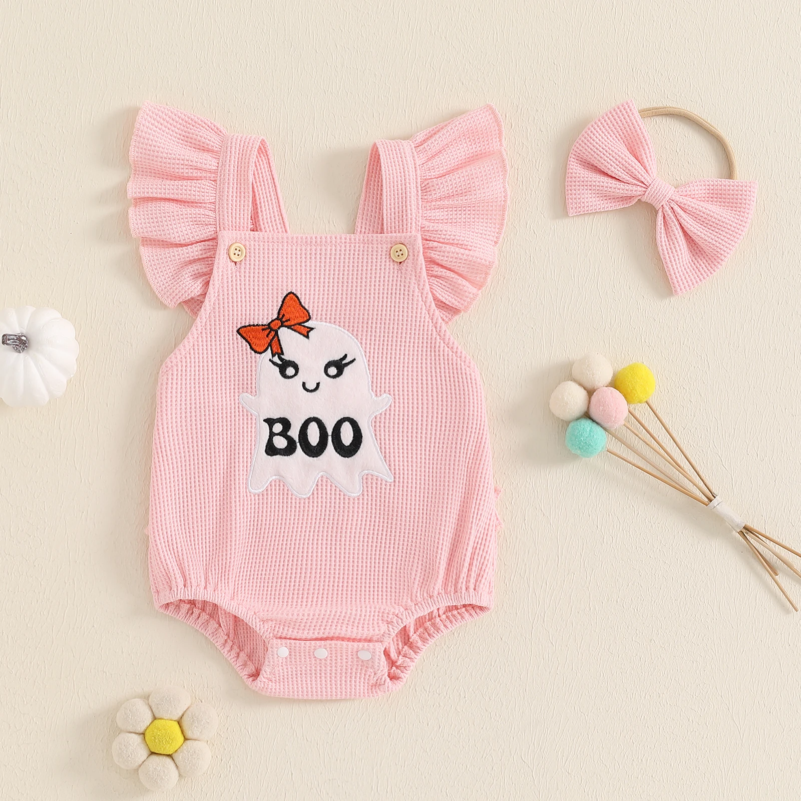 BeQeuewll Flying Sleeve Newborn Baby Girls Bodysuit Cute Infant Outfits Embroidery Ghost Romper with Hairband Halloween Clothes