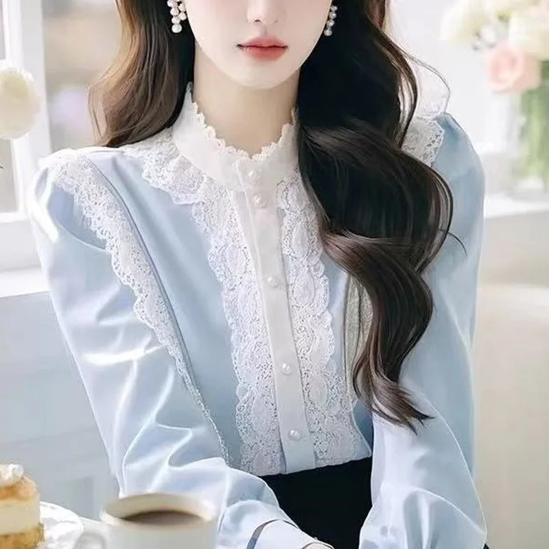 Blue Palace Style High-end Lace Splicing Design Shirt  Women's Chic Stand Collar Niche Unique Top