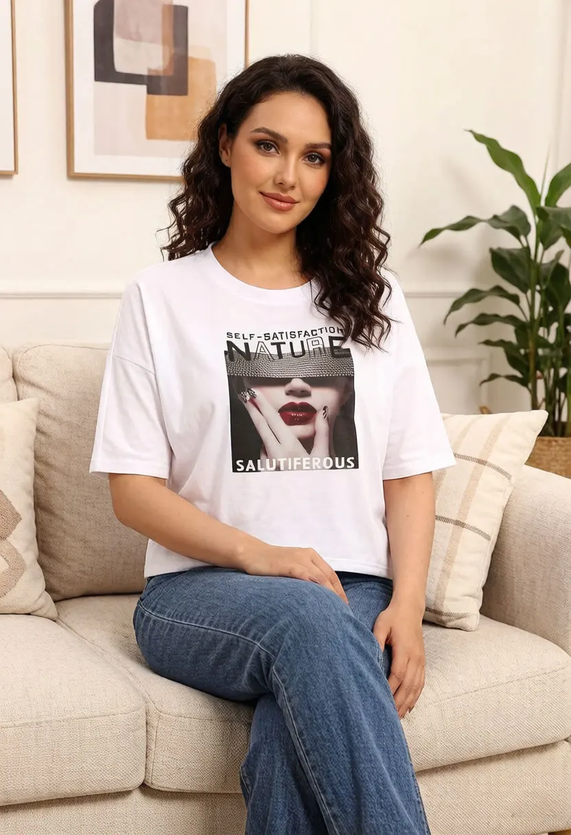 

Women White Graphic Print T Shirt Oversized Short Sleeve Casual Loose Summer Top Streetwear Vintage Tee