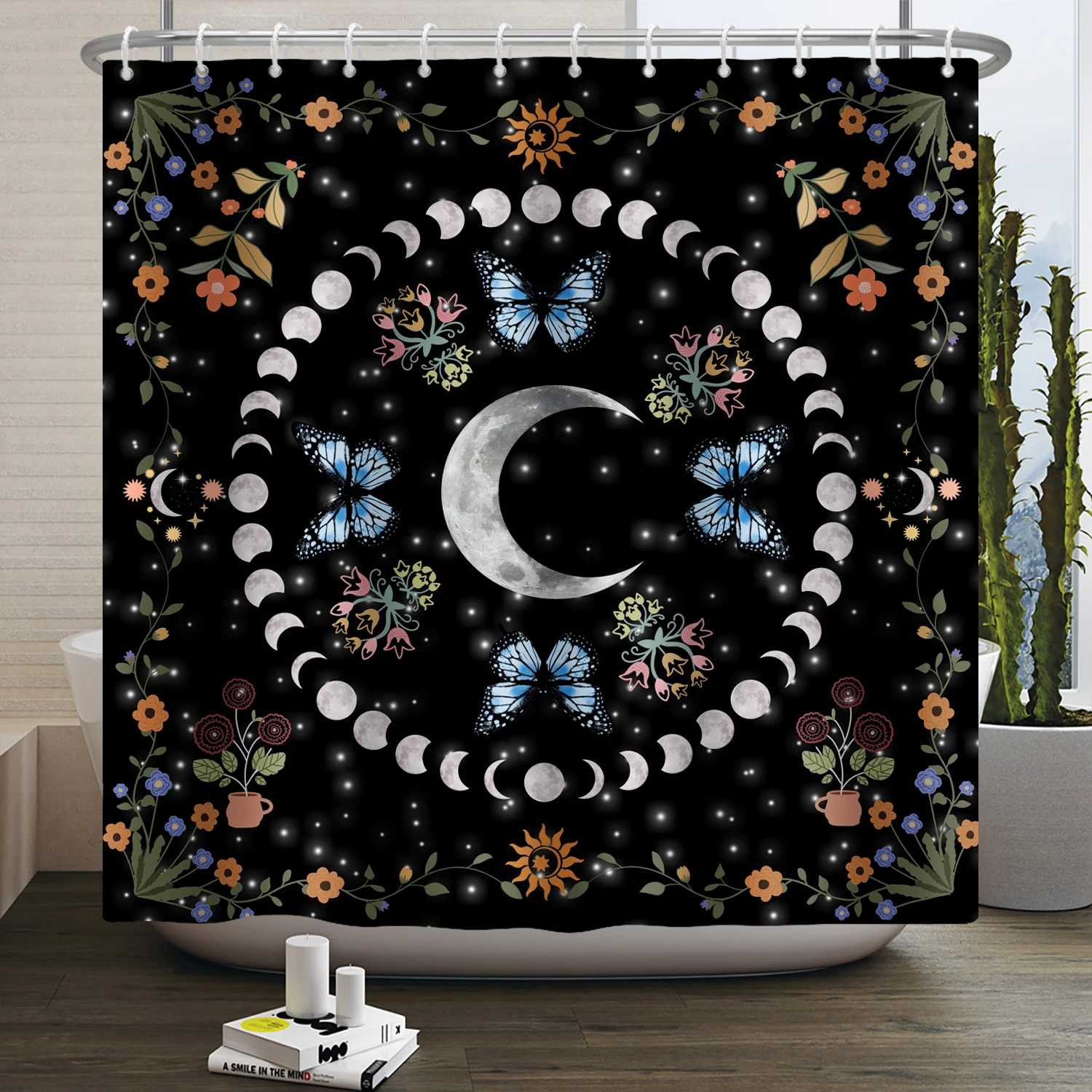 Butterfly Moth Moon Phase Shower Curtain Mushroom Floral Sun Star Plant Flower Goth Witchy Waterproof Bathroom Curtain Home Deco