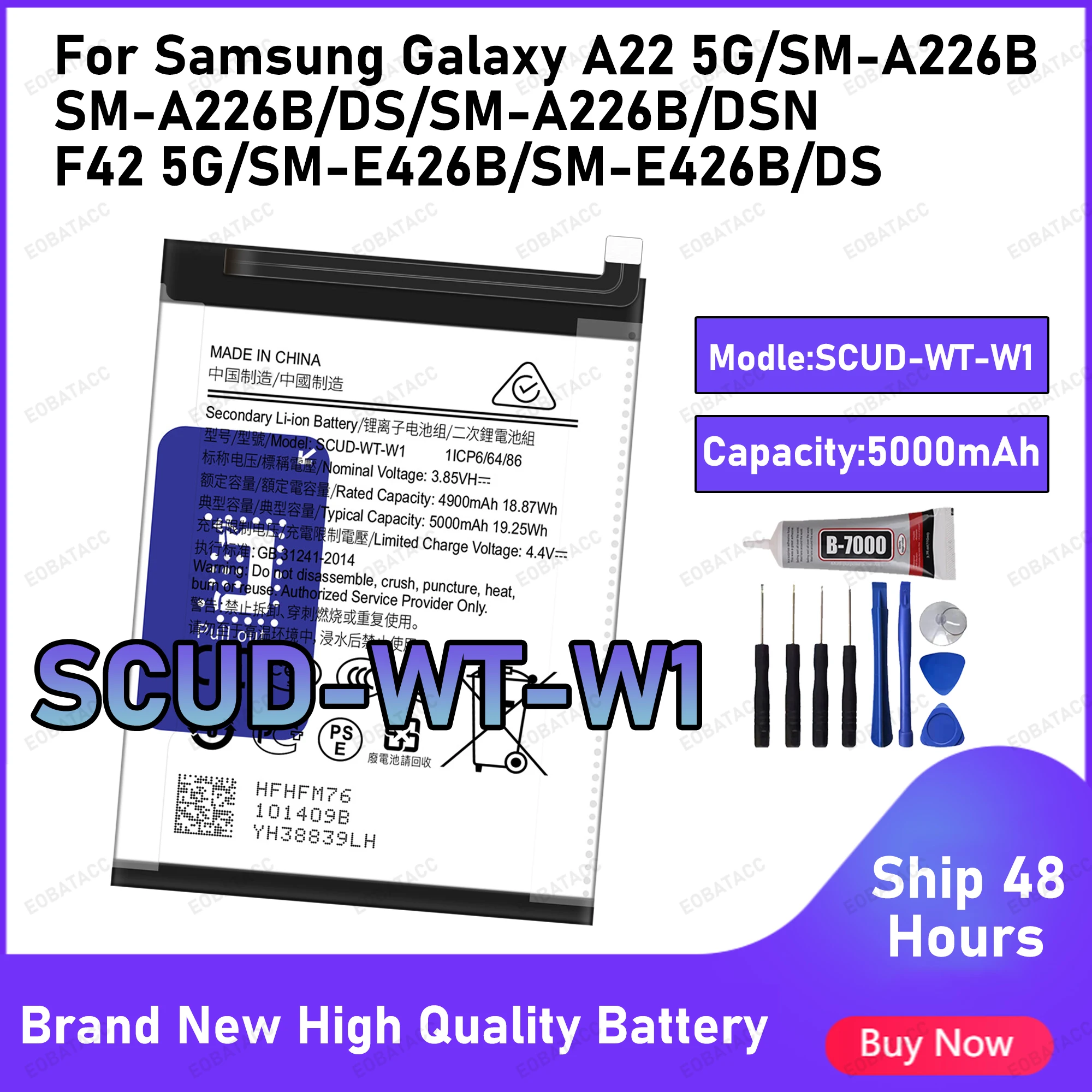 100% New High Quality SCUD-WT-W1 Battery For SAMSUNG Galaxy A22 5G/SM-A226B/F42 5G/SM-E426B/SM-E426B/DS Phone Replacement Bateri