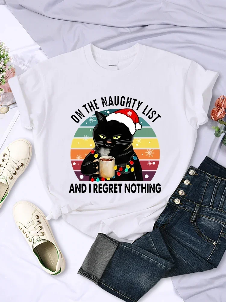 Summer Harajuku T Shirts Casual Fashion Clothes on The Naughty List and I Regret Nothing Cat Lover Top Christmas Kittens Tees