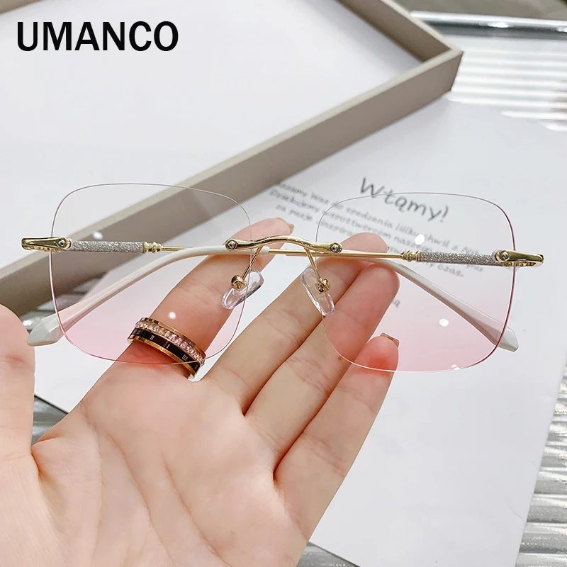 Fashion Women's Finished Myopia Glasses Anti Blue Light Square Rimless Rhinestone Edge Prescription Glasses -1.0 -1.5 -2.0 -2.5