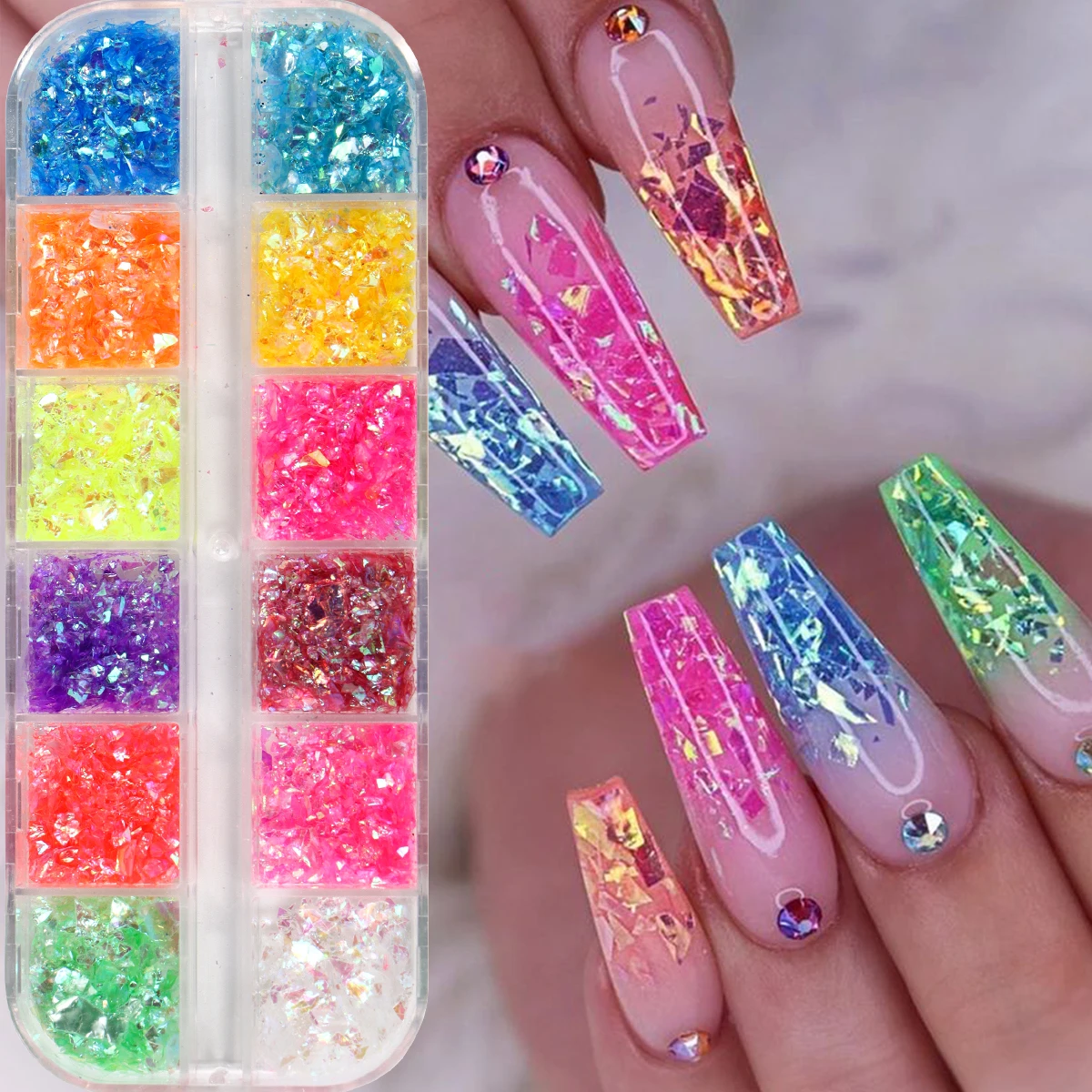 12 compartiments de paillettes holographiques pour nail art, feuilles de papier métallisé irrégulières, flocons scintillants, papier verre coloré et paillettes décoratives