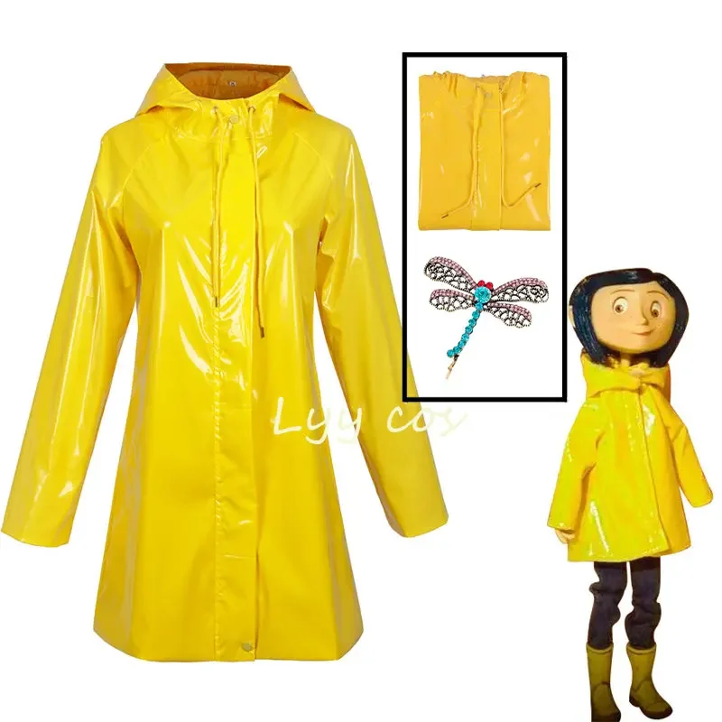 

Coraline Cosplay Anime Girl Yellow Coat Trench Hair Accessories Halloween Costume Suit