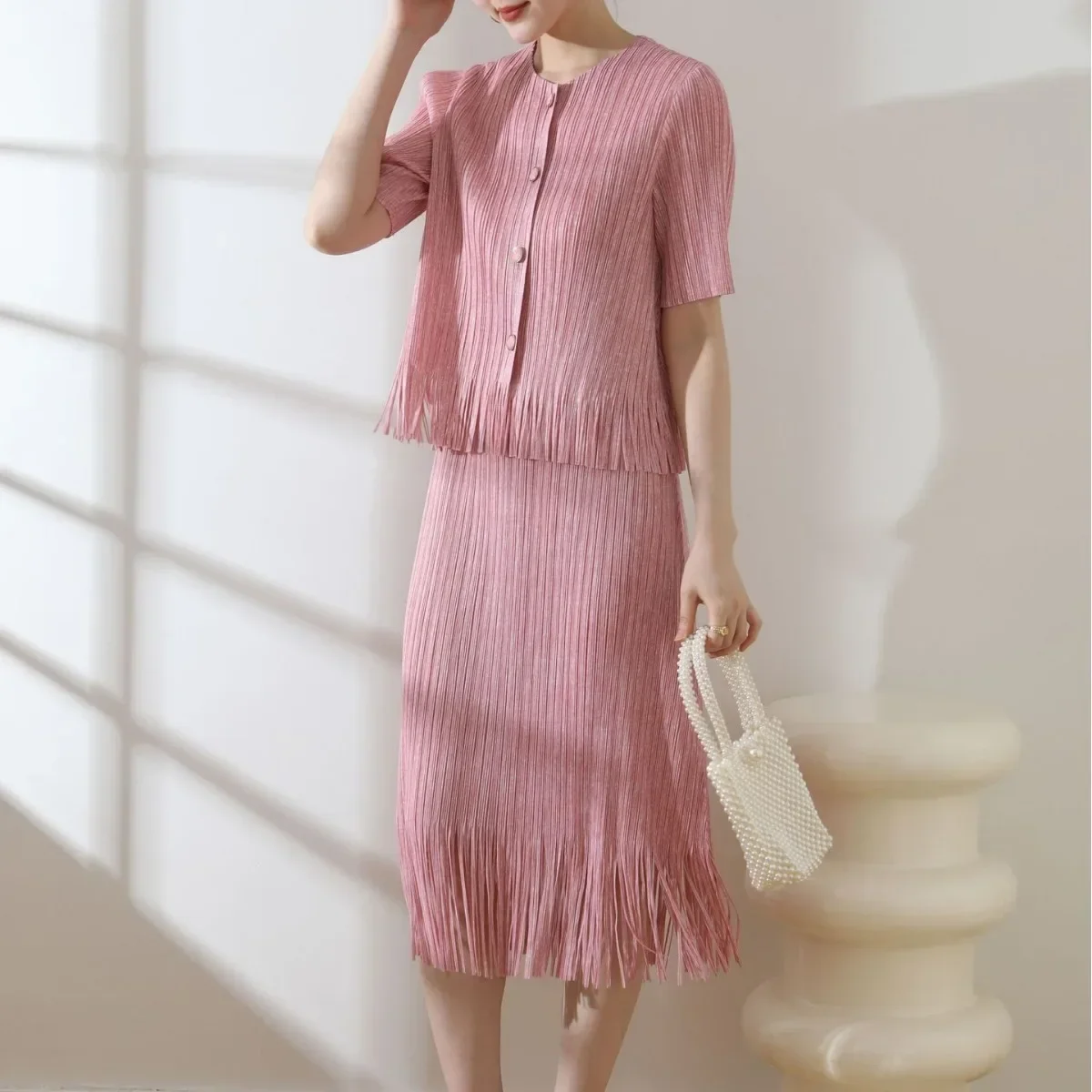 

Pleats Original Pleated Temperament Elegant Resort Style Fringe Jacket Half Skirt Suit 2024 Fall Spring Summer Models Clothing