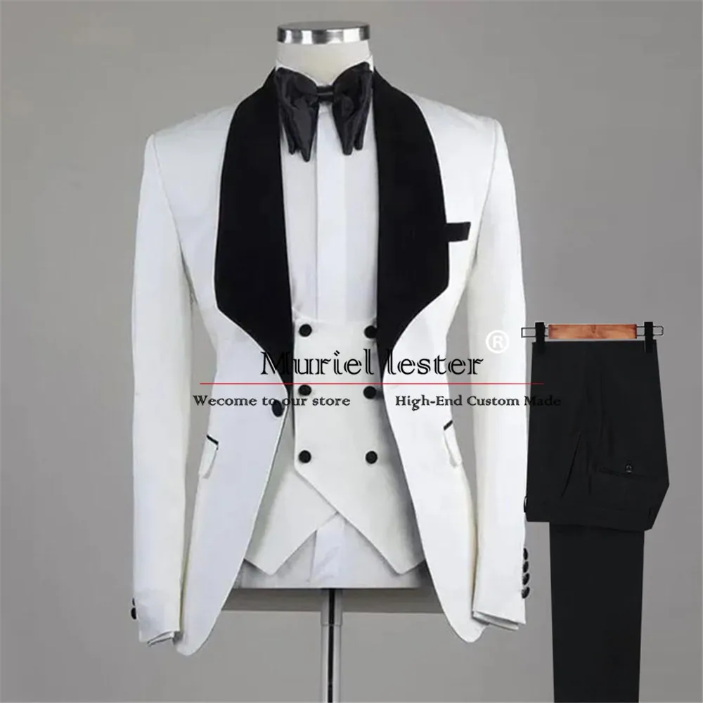 Ivory 3 Pieces Suits Men For Wedding Black Shawl Lapel Prom Blazer Tailored Groom Man Tuxedos Business Dress Coustime Homme Luxe