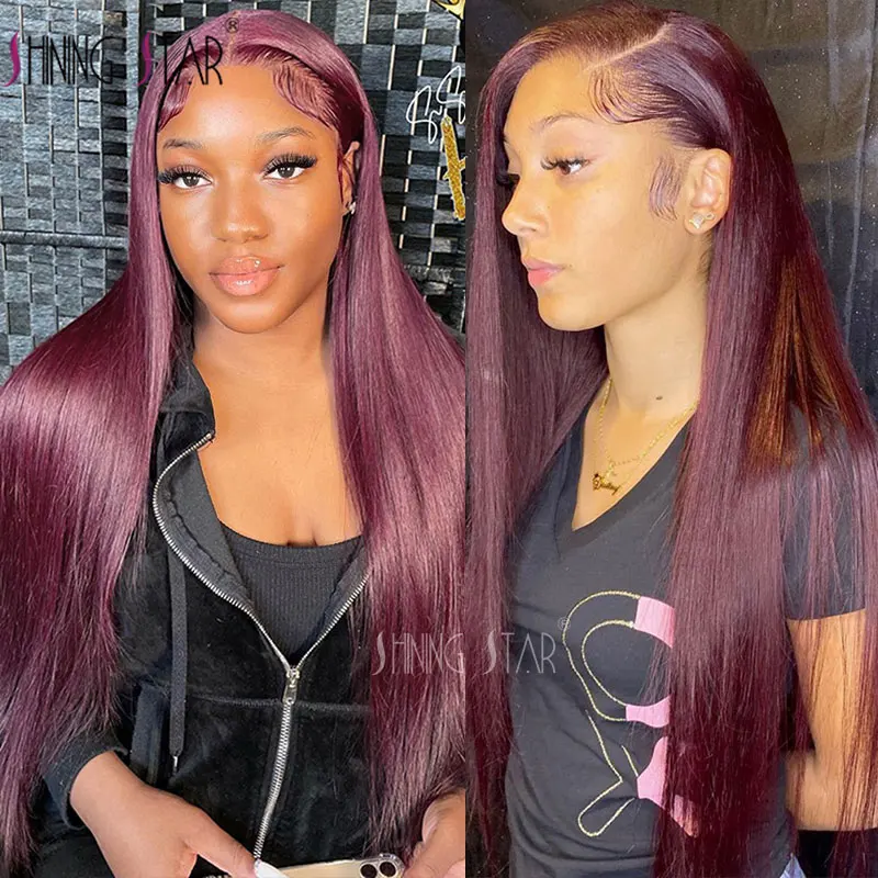 Burgundy Red Bone Straight Lace Front Human Hair Wigs Pre Plucked Colored 99J Red 13x6 Transparent Lace Frontal Wig Human Hair