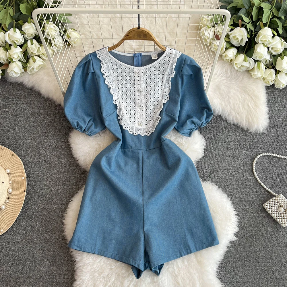 

Women Denim Playsuit Summer's New High-waisted Slimming Wide-leg Lace Patchwork Jeans Romper