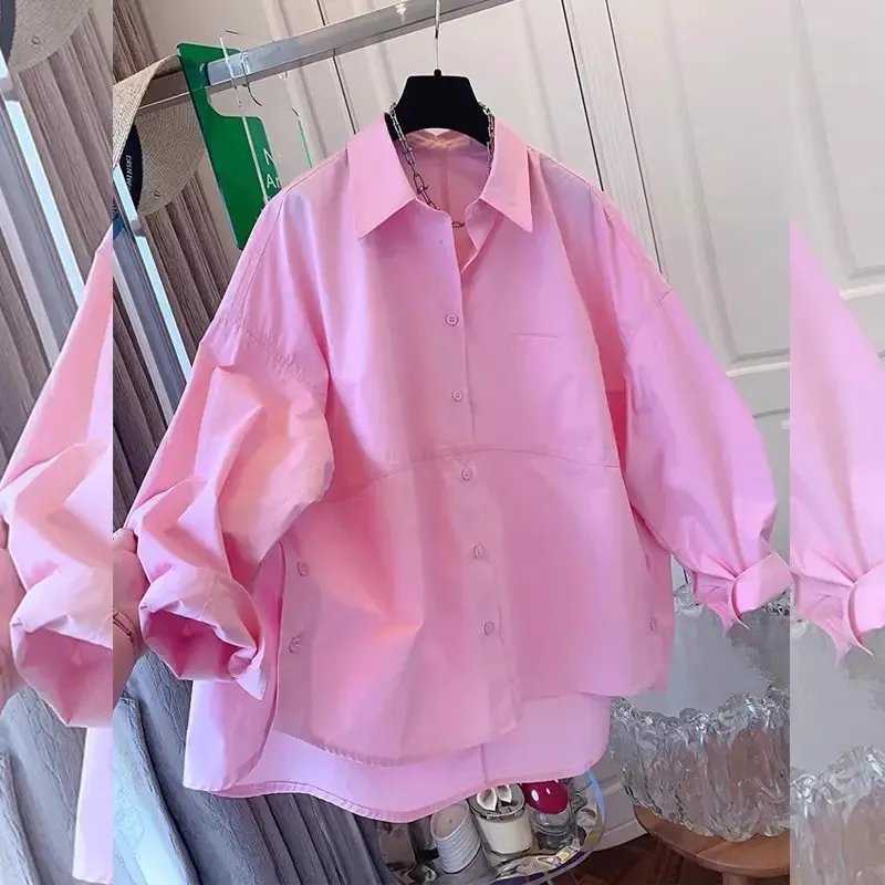 

Spring 2025 Loose Pure Color Long Sve Collar Women's irt Faionable Versatile Polyester Fiber Warm Button Detail