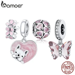 Bamoer 925 Sterling Silver Flower Charms Cherry Blossom Heart Animal Pet Beads For Women Fit DIY Bracelet Necklace Jewelry Gift