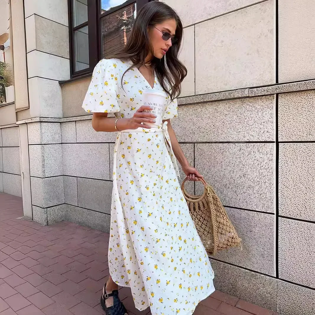 

Casual Women's Summer Dresses 100% Cotton Floral Print A-line Midi Dress with Side Slits Long Elegant White Dress for Women 2024