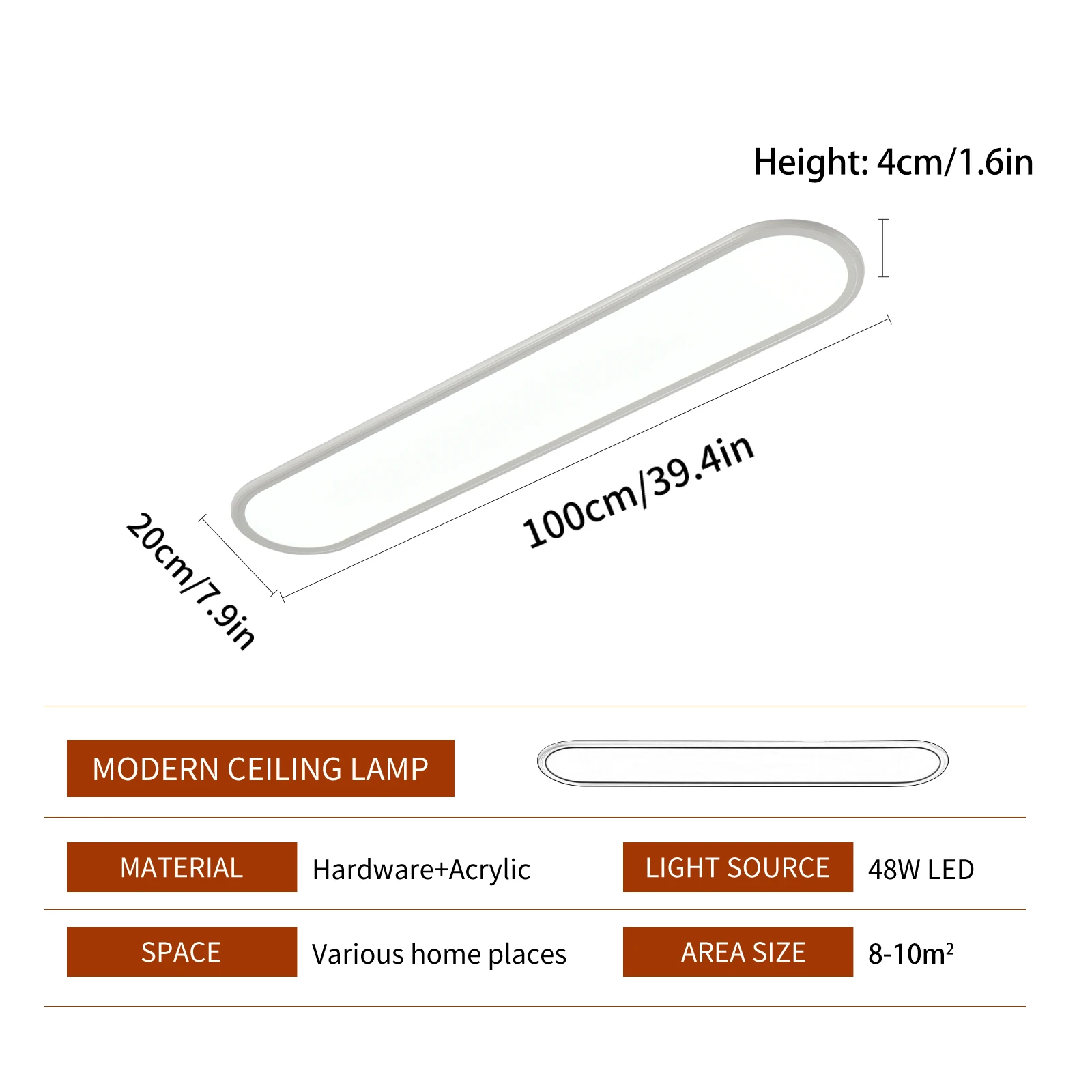 39.4-Inch Dimmable Light Emitting Diode Ceiling Light, 48w ultra-thin long light, 3000-6000K adjustable
