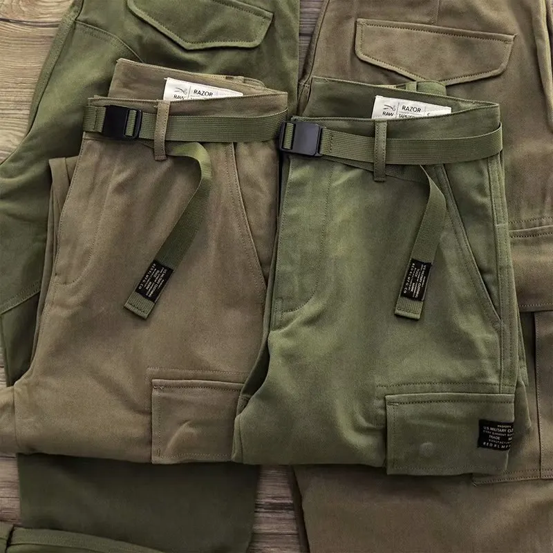 Retro American Multpocket Wear Resistant Loose Wide Leg Straight Cut Work Trousers for Men Fashionable Urban Style Thickened