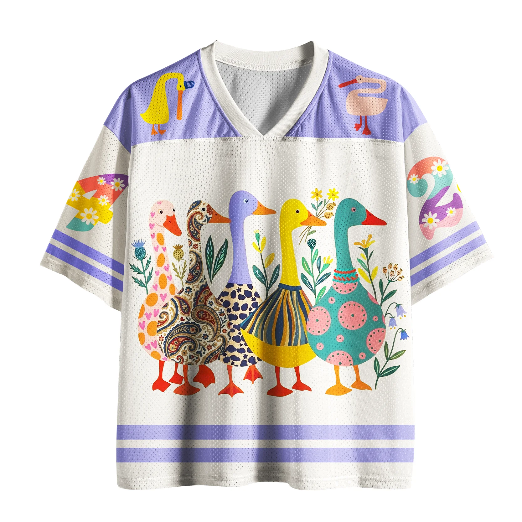 Cute and Colorful Duck Pattern T-shirt with Flower Art Print Mesh Sports T-shirt Harajuku Street Wear for Adults and Children