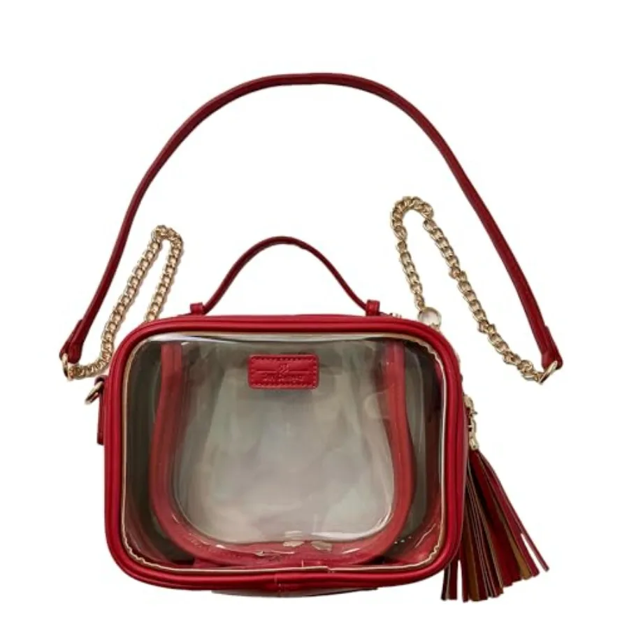 Red Cherry Clear Convertible Makeup Bag with Leather and Chain Strap for Travel Toiletry Storage Crossbody Cosmetic Case