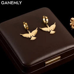 GANEMLY 316L Stainless Steel Phoenix Bird Dangle Earrings For Women Fashion 18K Gold Plated Waterproof Ear Jewelry Gift Bijoux