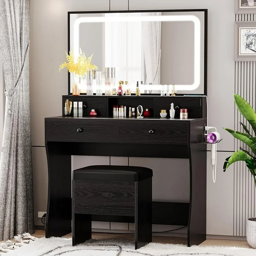 Vanity Desk with LED Lighted Mirror Power Outlet 4 Drawers,Dressing Makeup Table Set with Storage Stool Hair Dryer Stand,Black