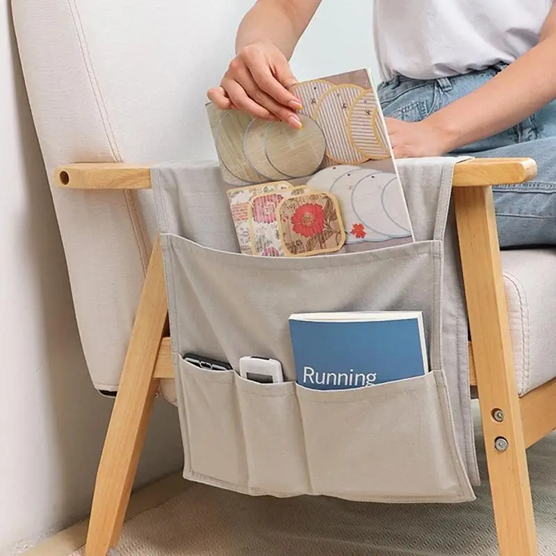 Sofa Organizer Armchair Phone Holders Non-Slip Canvas Arm Chair Caddies With 5 Pockets For Sofa Armrest Storage Living Room