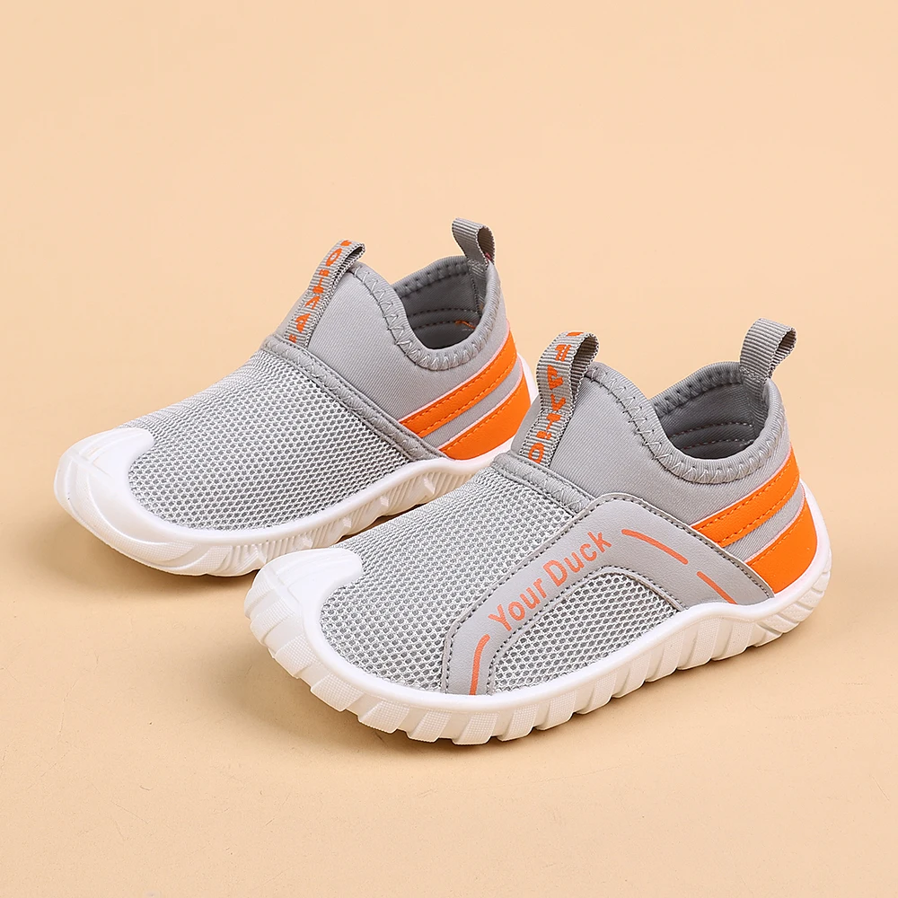 

COMFY KIDS Toddler Grey Orange Slip-On Mesh Sneakers, Soft Elastic Non-Slip Breathable Baby Walker Shoes, Spring Summer Boys Gir