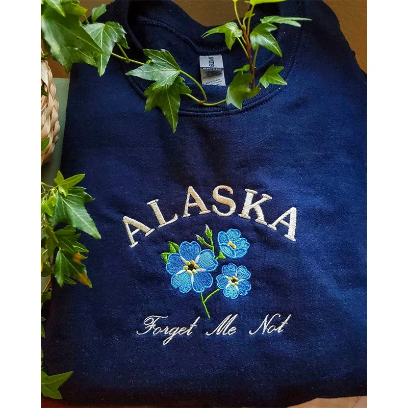 American Alaska Vintage Flower Embroidery printing Women Autumn Sweatshirts Loose Cotton Crewneck Thick Fleece Pullover Jumper