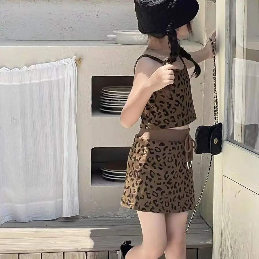 Girls Clothing Set Brown Leopard Print Fitted Cropped Vest & Strappy Mini Skirt Outfit Trendy Toddler Kids 2 Piece Kids Sets