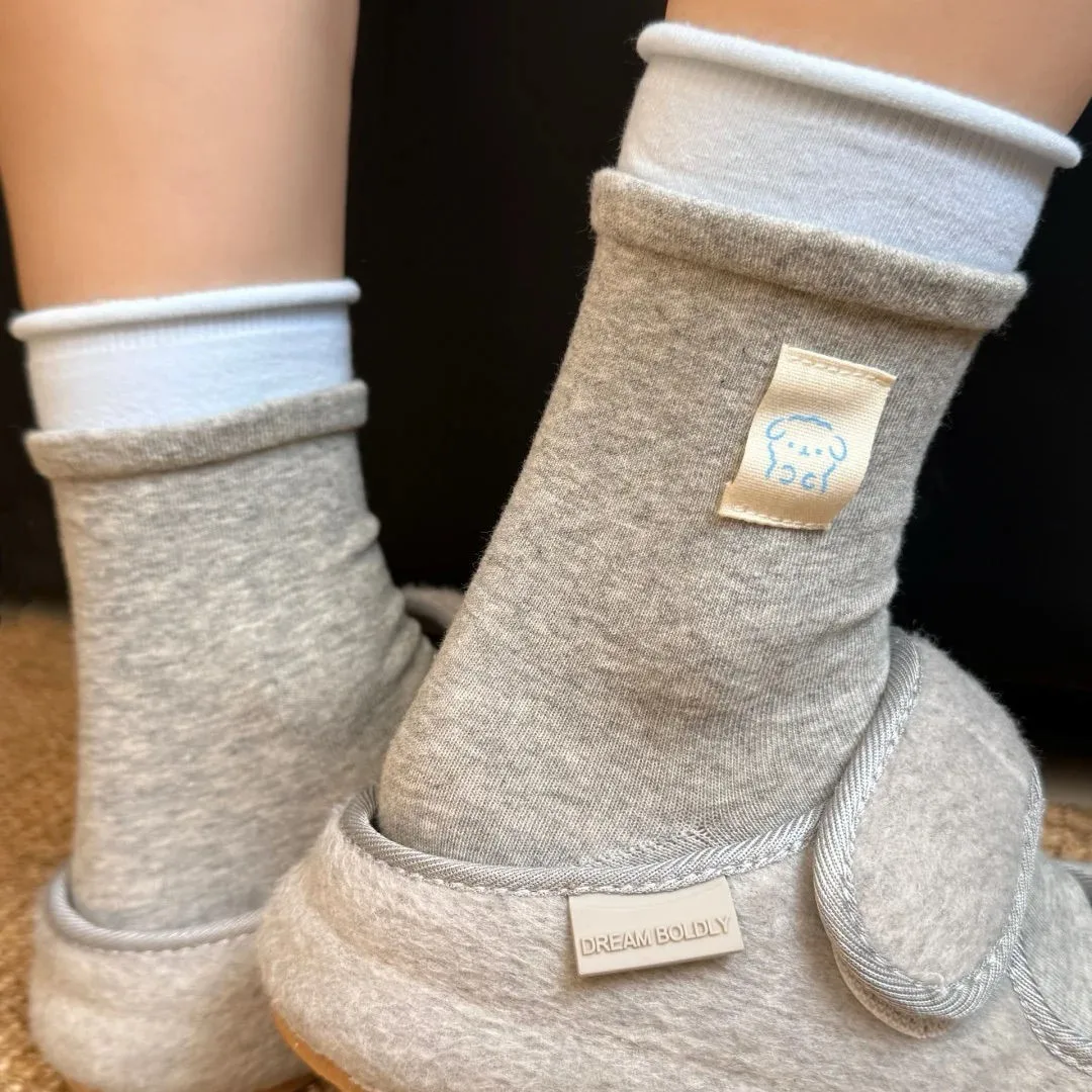 4 пары серо-синих двойных ребристых носков с манжетами для женщин, однотонные носки до середины икры с милой этикеткой медведя