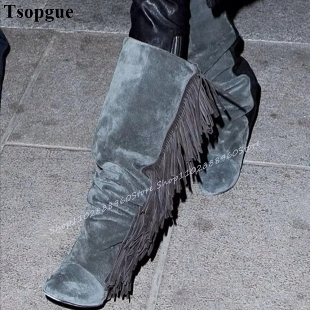 

Plus Size Knee High Gray Flock Tassels Decoration Boots Wedges High Heel Women Shoes Slip On Round Toe Casual Trendy Boots