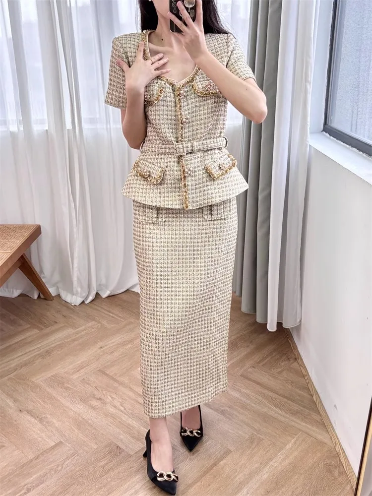 Autumn Office Ladies Slim Fit Work Tweed Set Elegant Women Banquet Shiny Sequined Matching Sets Birthday Party Twill Outfits