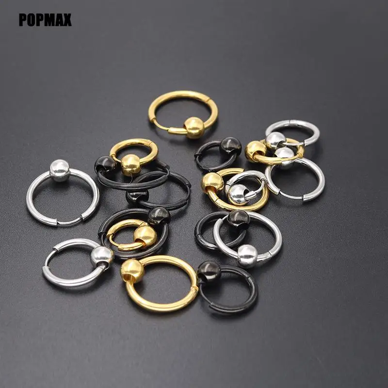 POPMAX 1 Pair Stainless Steel Hoop Earrings for Men Women Small Circle Metal Ball Anti-allergic Ear Buckle Rock Hip Hop Jewelry