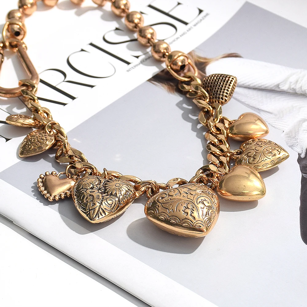 Exaggerate Metal Heart Bead Link Necklace for Women Vintage Elegant Gold Color Geometric Love Necklaces Jewelry Accessories