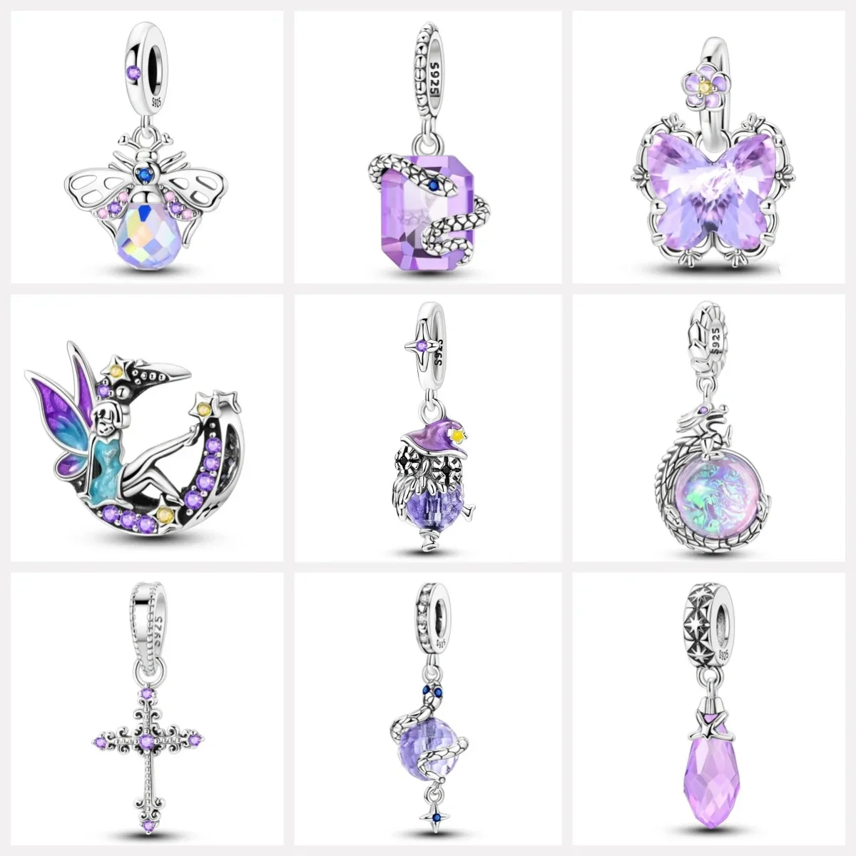 Mystic Lucky Amethyst Butterfly Crucifix Birthstone Charm Pendants Fit Bracelet Necklace Jewelry Birthday Gift  for Women