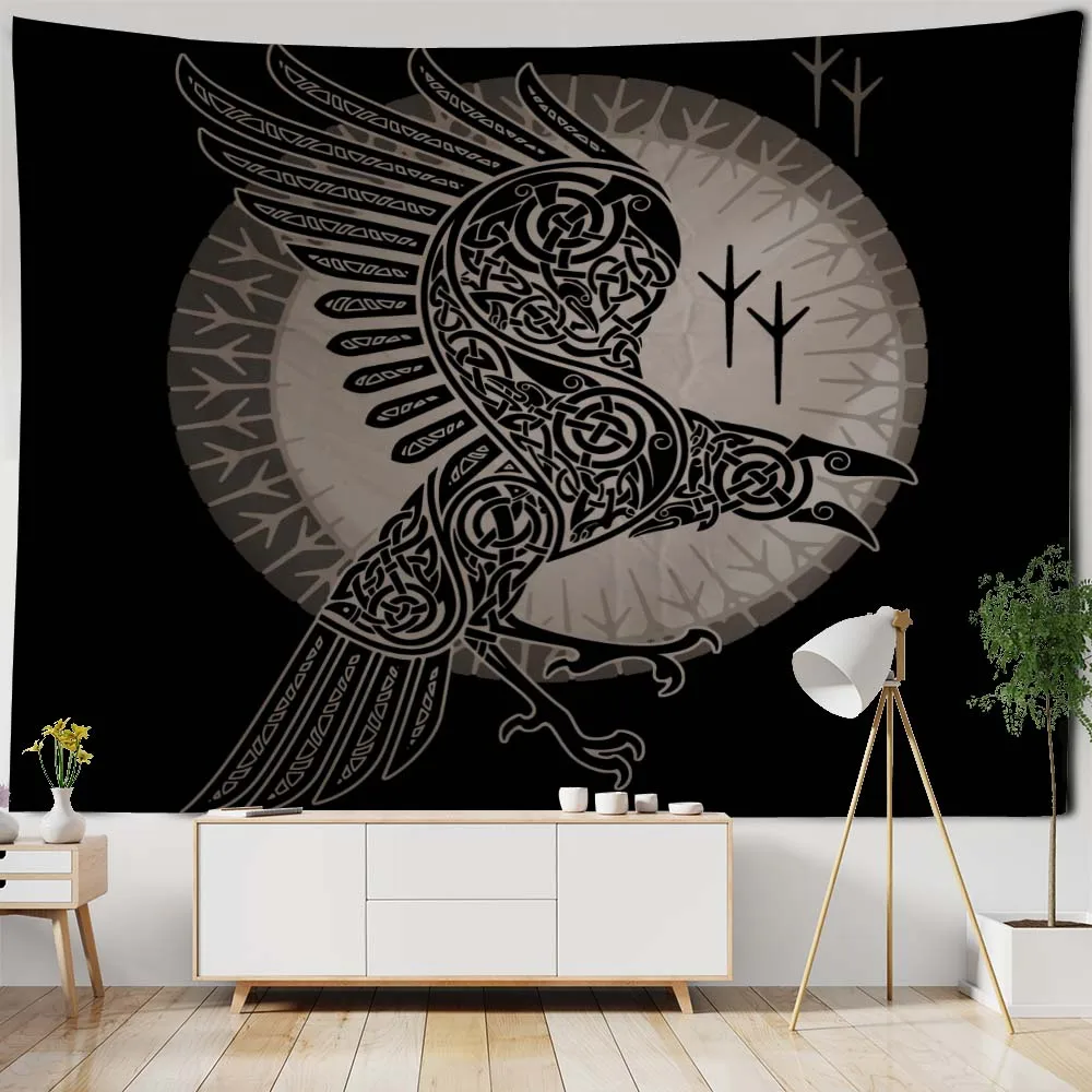 Viking Crow Tapestry Psychedelic Rune Character Art Wall Hanging Home Wall Decor Hippie Witchcraft Tarot Room Background Cloth