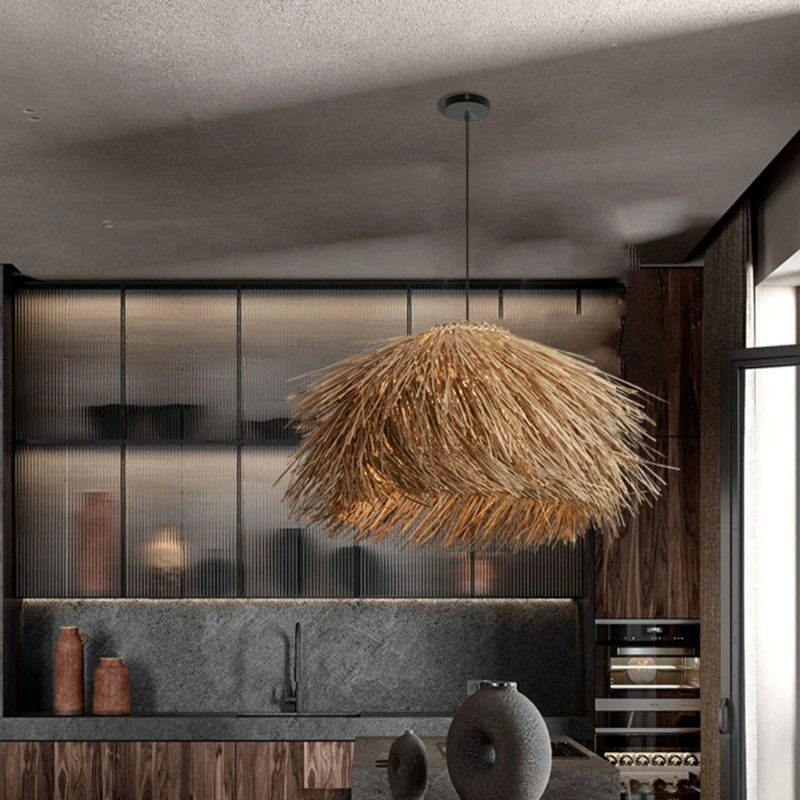 

Japanese Rattan Weaving Pendant Lamp Hand Knitting Personality Grass LED Hanging Light Living Room Restaurant Zen Creative Decor