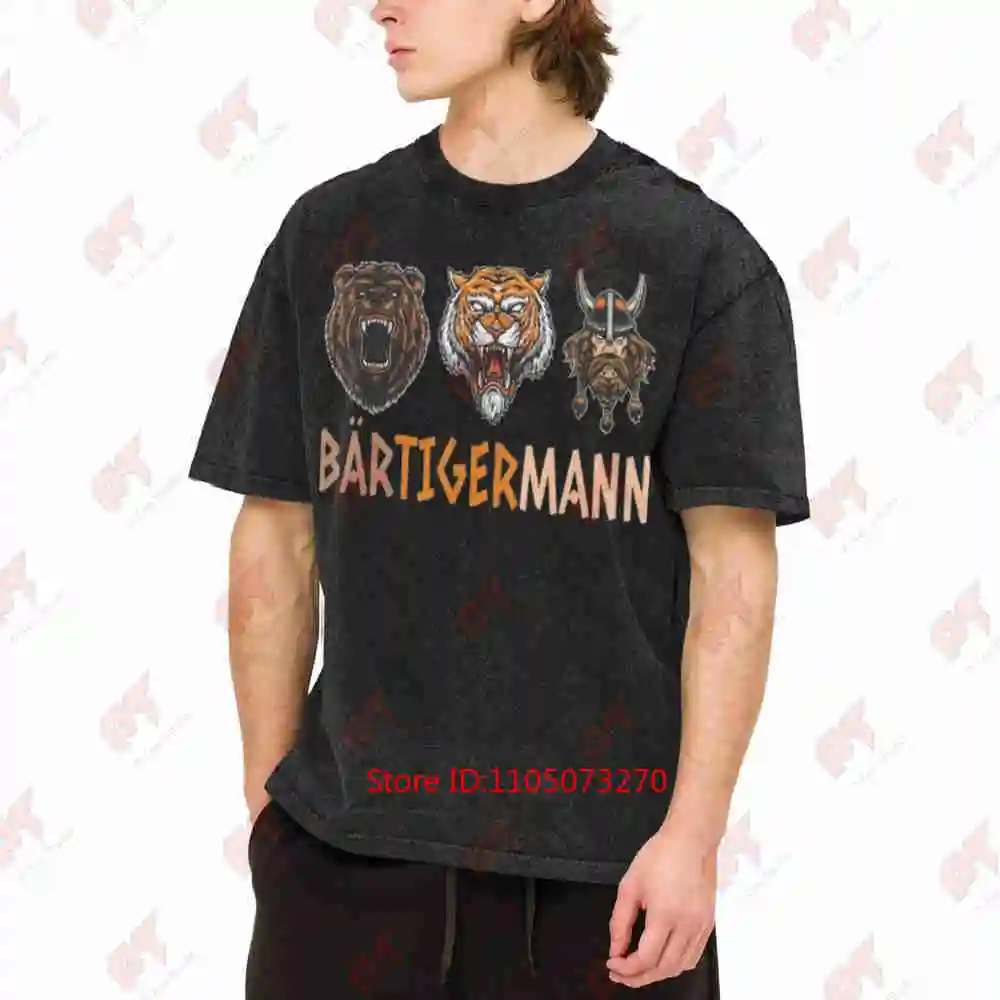 Bartigermann Bear Tiger Man Beard Viking Vintage Washed Tee Pure Cotton T-Shirt